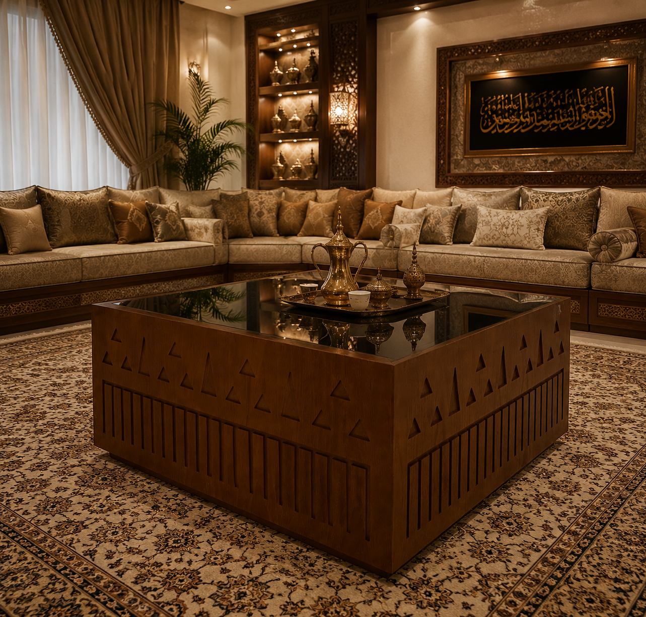 Decorative living room with a wooden coffee table, sofas, and decorative items.
طاولة شعبية فاخرة من خشب السنديان
طاولة سنديان تصميم عربي أصيل - طقم طاولات
طاولة خشبية شعبية بسطح زجاجي - ديكور مجلس