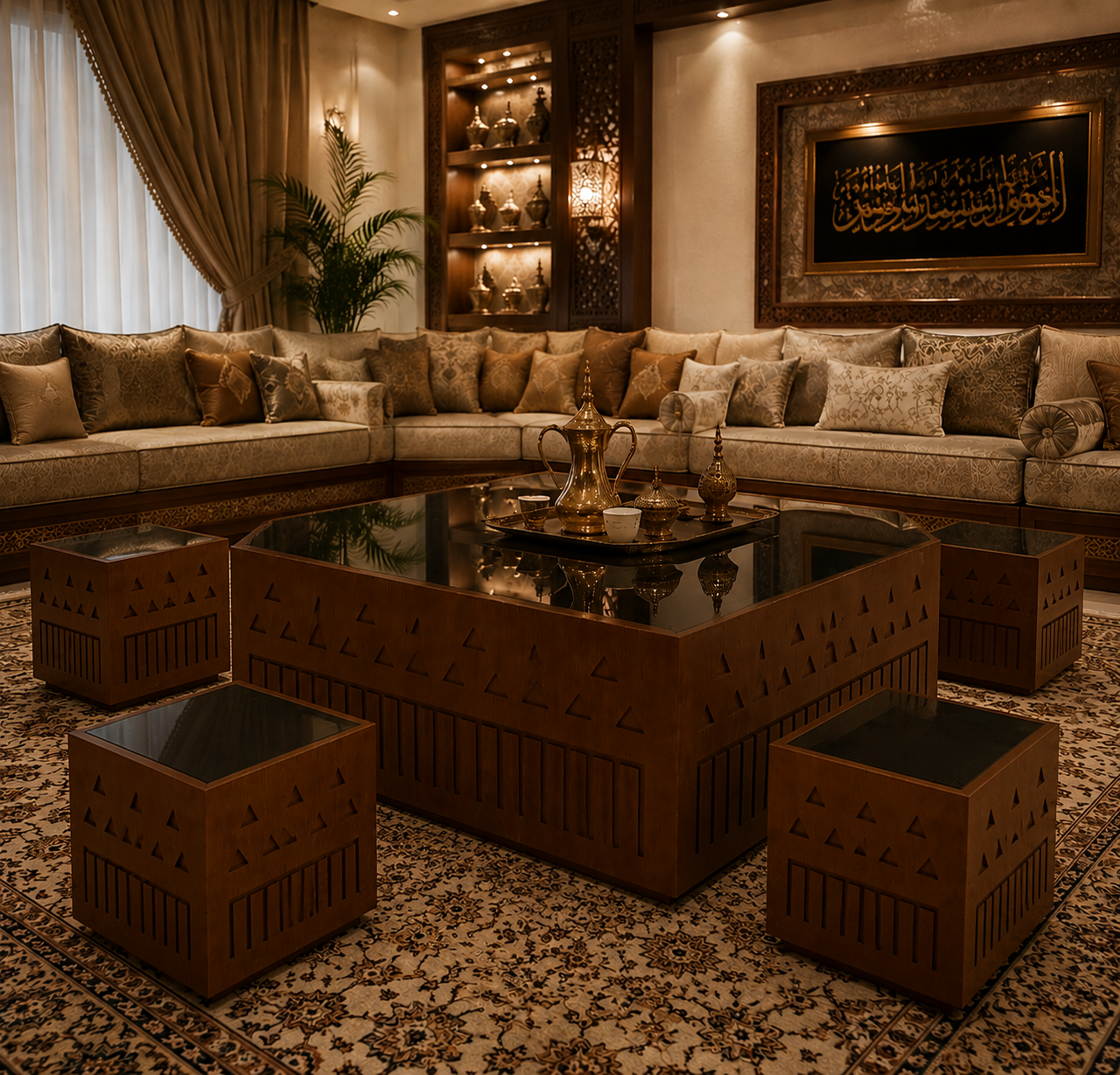 Decorative living room with a wooden coffee table, sofas, and decorative items.
طاولة شعبية فاخرة من خشب السنديان
طاولة سنديان تصميم عربي أصيل - طقم طاولات
طاولة خشبية شعبية بسطح زجاجي - ديكور مجلس