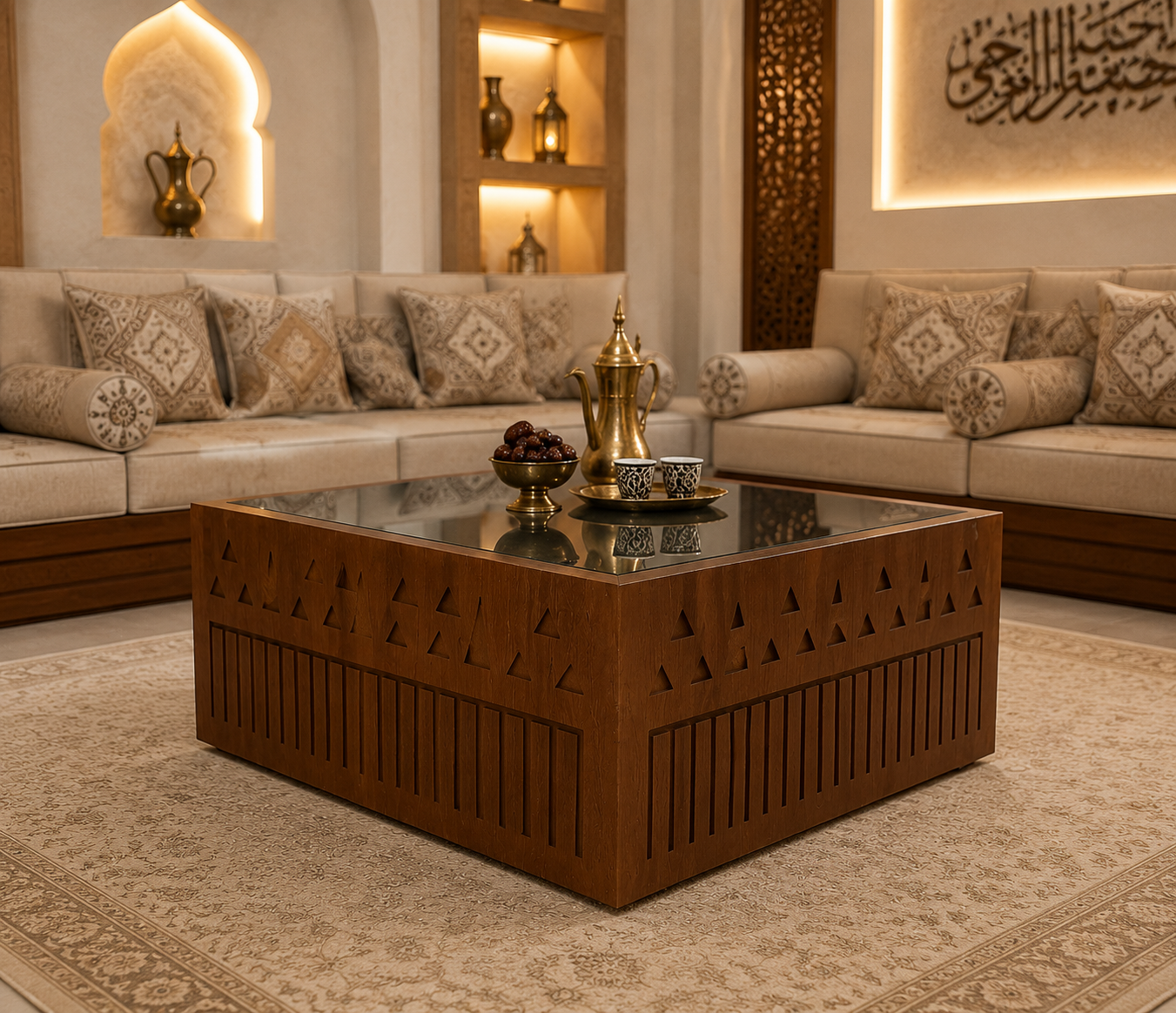 Decorative living room with a wooden coffee table, sofas, and decorative items.
طاولة شعبية فاخرة من خشب السنديان
طاولة سنديان تصميم عربي أصيل - طقم طاولات
طاولة خشبية شعبية بسطح زجاجي - ديكور مجلس